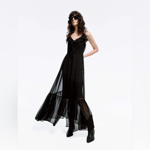 Guess Maxi black chiffon high-low hem Dress ruffle detail sexy size S - Picture 1 of 7